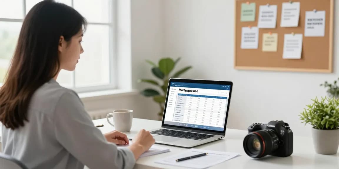 Calculate mortgage with a young professional at a bright home office.