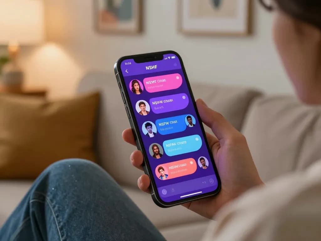 Engaged user exploring an NSFW chat app with vibrant avatars and chat bubbles, capturing the intimate atmosphere of adult digital interactions.