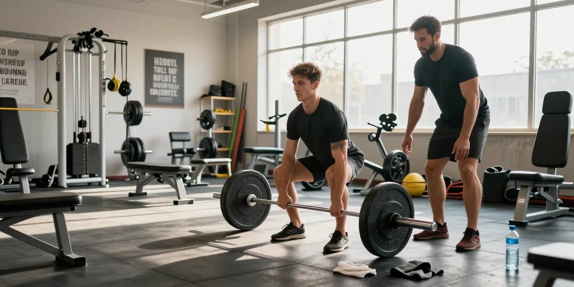 Entrenador y atleta en el gimnasio de Esteroidesshop levantando pesas con enfoque y energía.