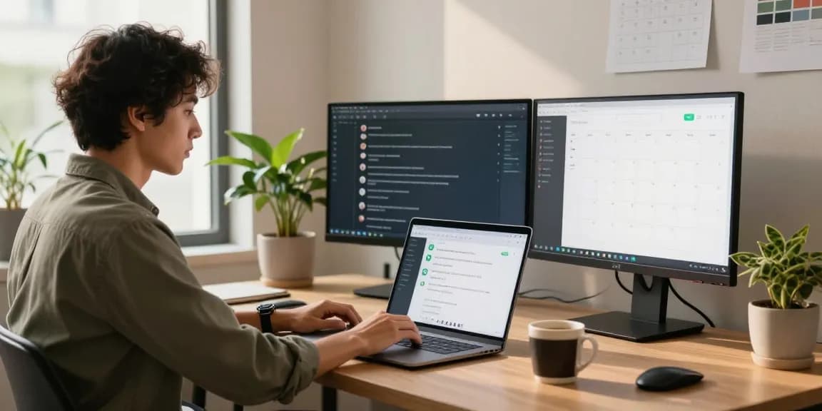 Using WhatsApp電腦版 in a modern workspace with multiple monitors and a cozy atmosphere.