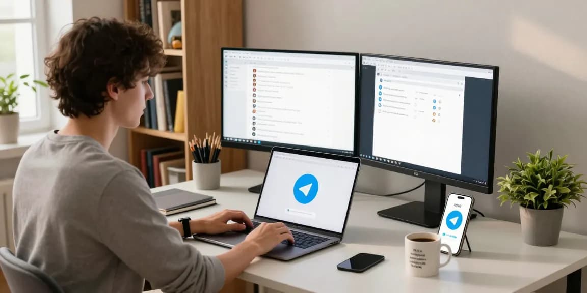 Using Telegram Web in a cozy home office setup with a laptop and smartphone