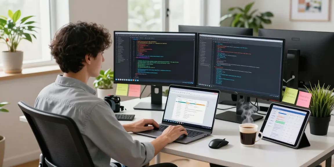 Developer in a modern workspace using WPS Official Website on multiple screens while collaborating and enjoying coffee.