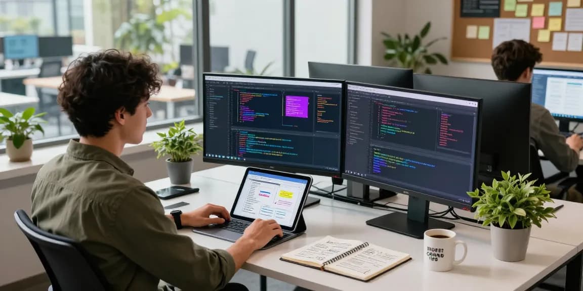 Build internal tools with AI in a collaborative tech workspace, showcasing a developer coding and engaging with team elements.
