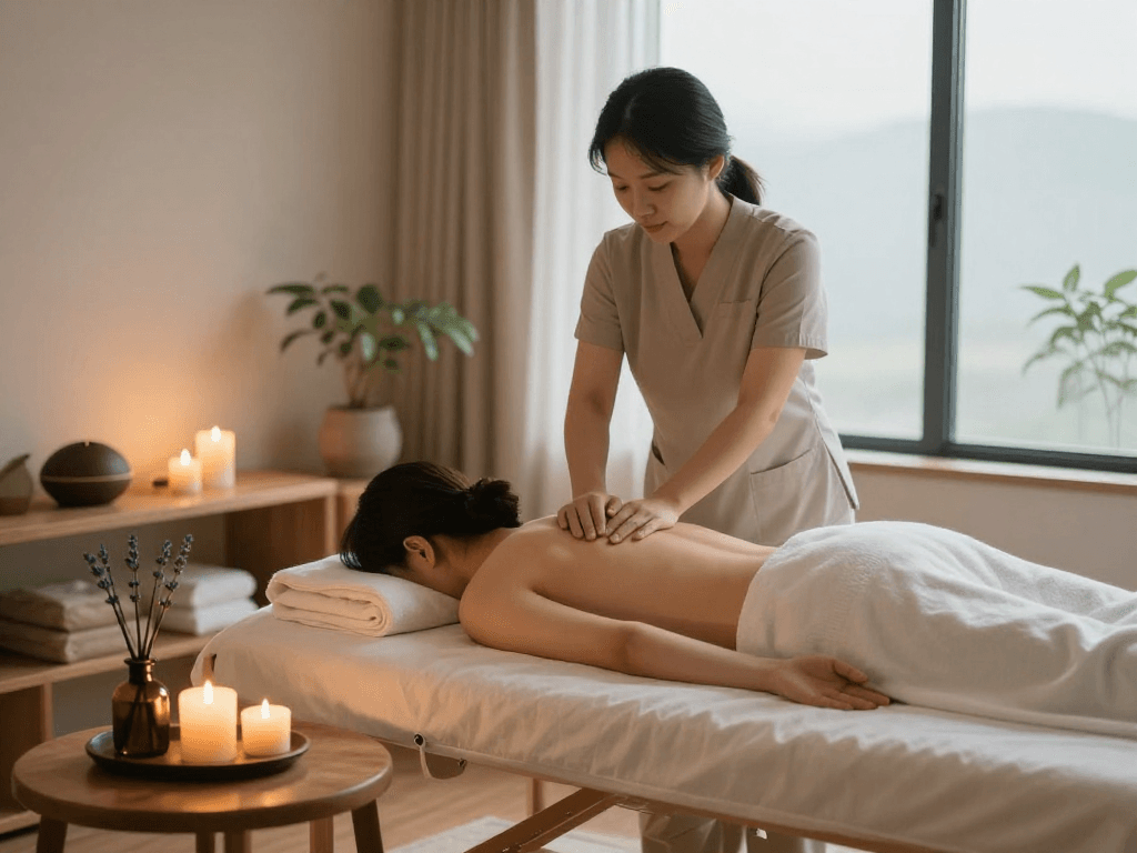 Relaxing therapy session with 안양출장안마 in a peaceful spa environment.
