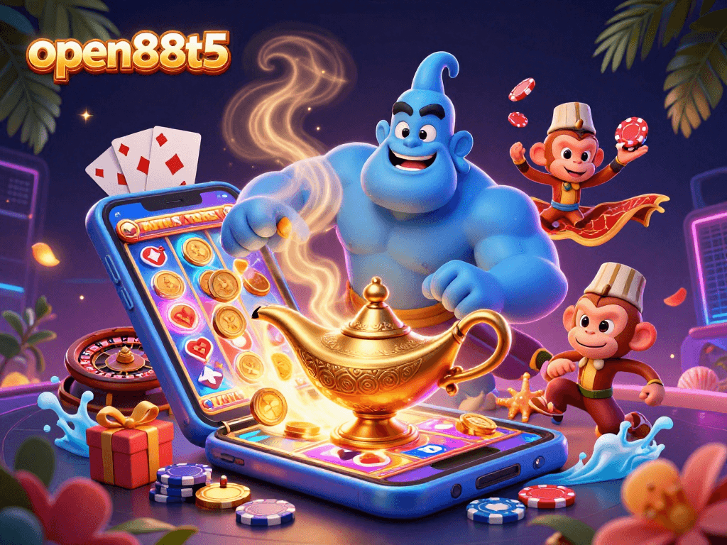 Engage with open88t5 through a dazzling 3D scene showcasing a genie, monkey, and casino elements.