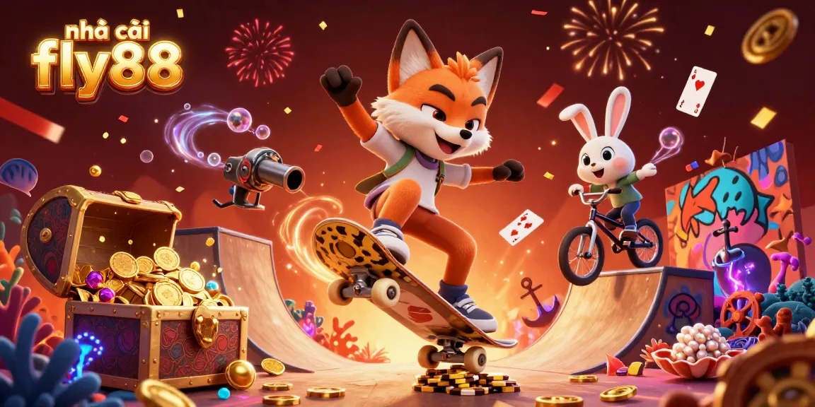 Experience thrilling gameplay at nhà cái fly88 with energetic characters and vibrant casino elements.