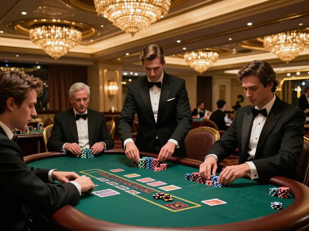 GG88 blackjack game in upscale casino with players focused and dealer shuffling cards.