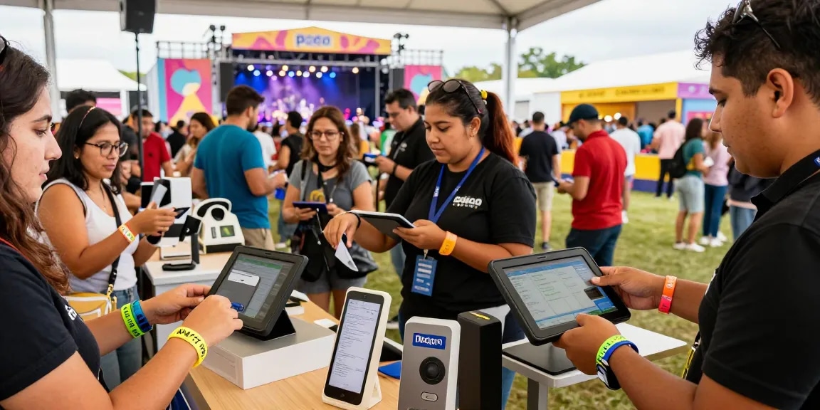 Experience pago cashless en eventos with vibrant festival attendees using NFC wristbands for seamless access and payments.