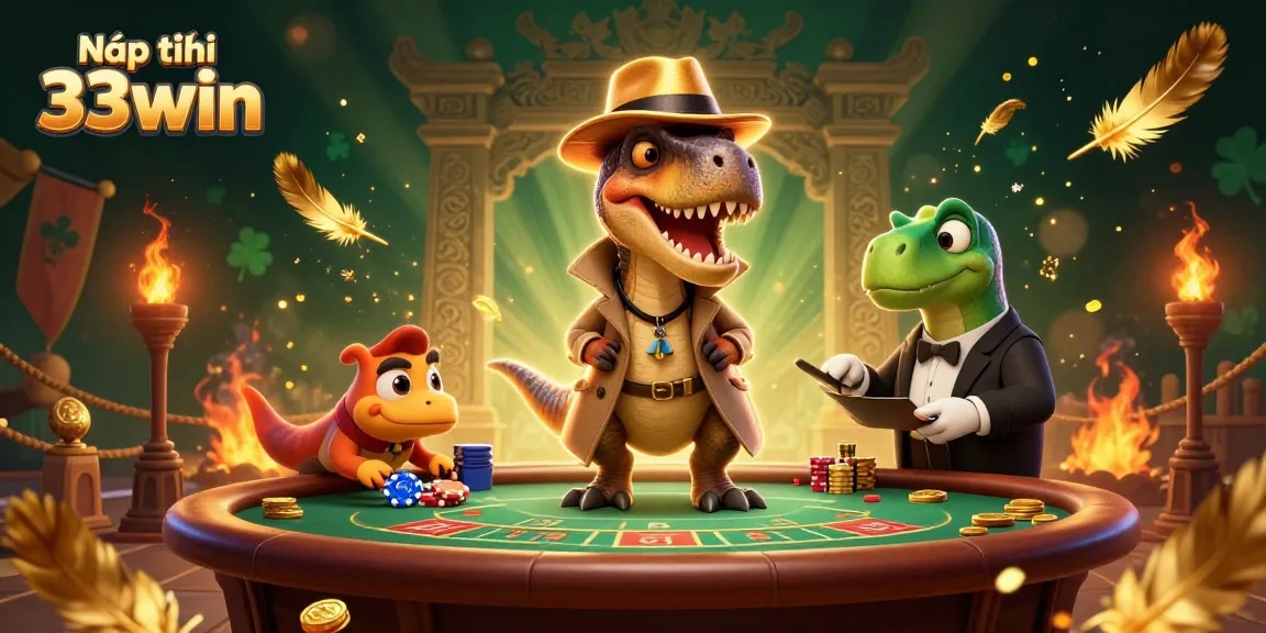 Engage in thrilling action at Nạp tiền 33win with a dynamic gambling illustration of characters at a blackjack table.