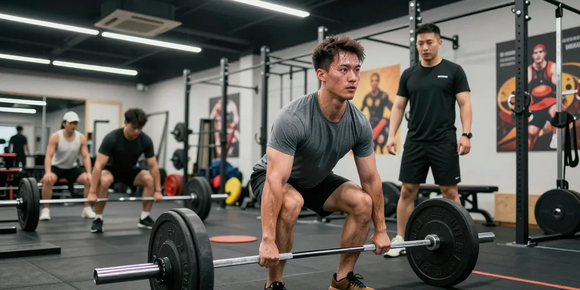 Escena de fitness dinámica en el gimnasio Esteroidesshop con un hombre levantando pesas, enfocado en el entrenamiento de fuerza.