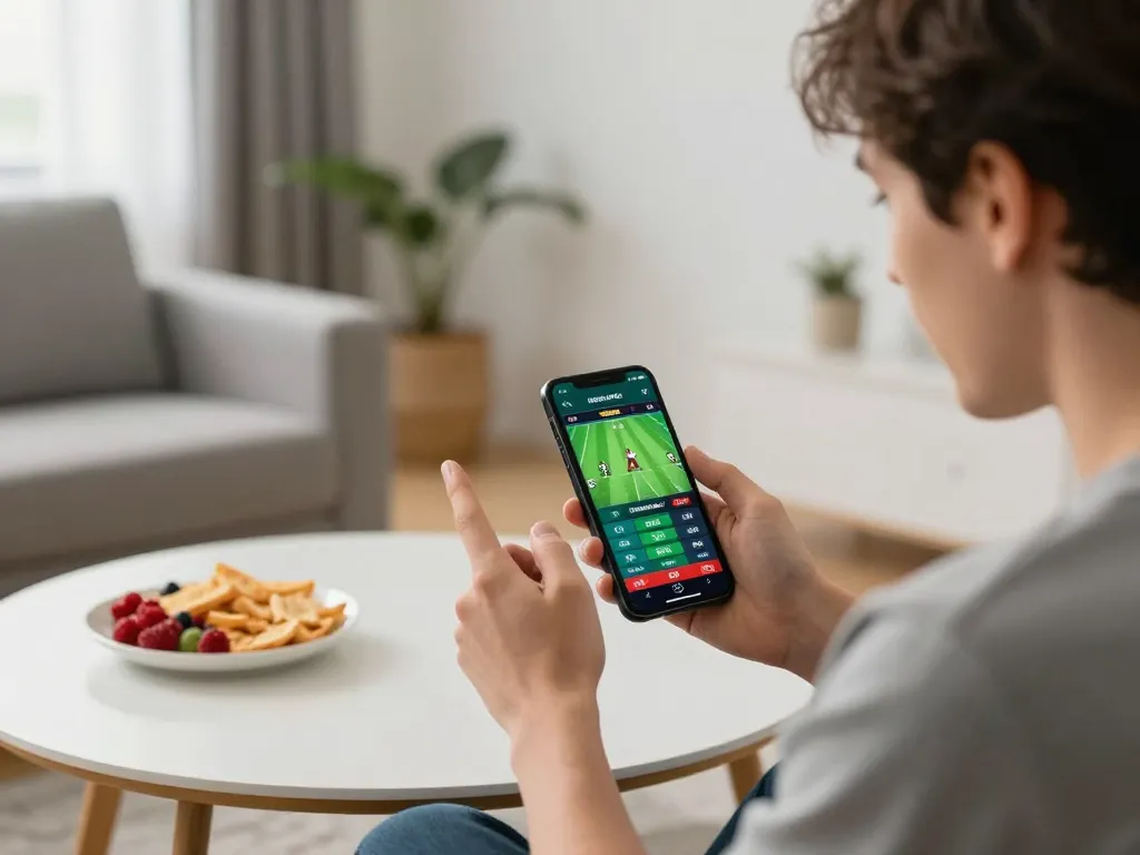 o8casino player engaging enthusiastically with mobile sports betting app at home, showcasing excitement and strategic planning.
