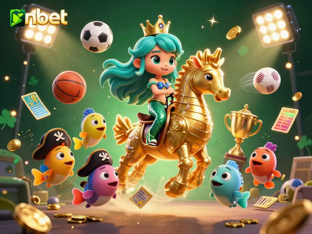 Experience thrilling gameplay at nbet with a 3D mermaid princess and seahorse, surrounded by vibrant sports elements.