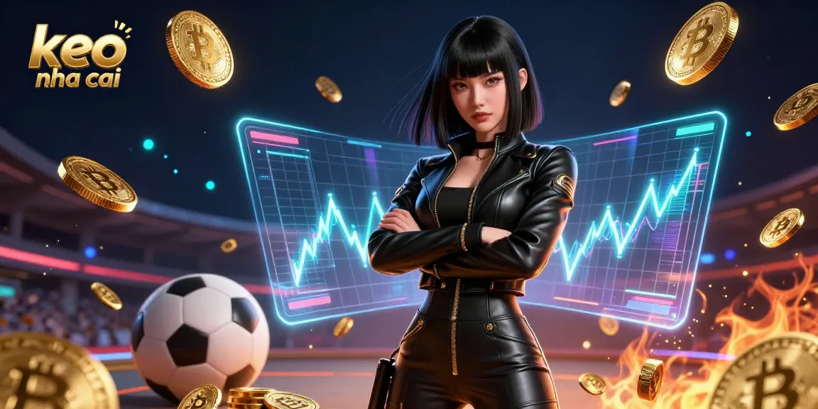 Bet on sports with keo nha cai featuring an Asian woman in a powerful stance, surrounded by betting elements.