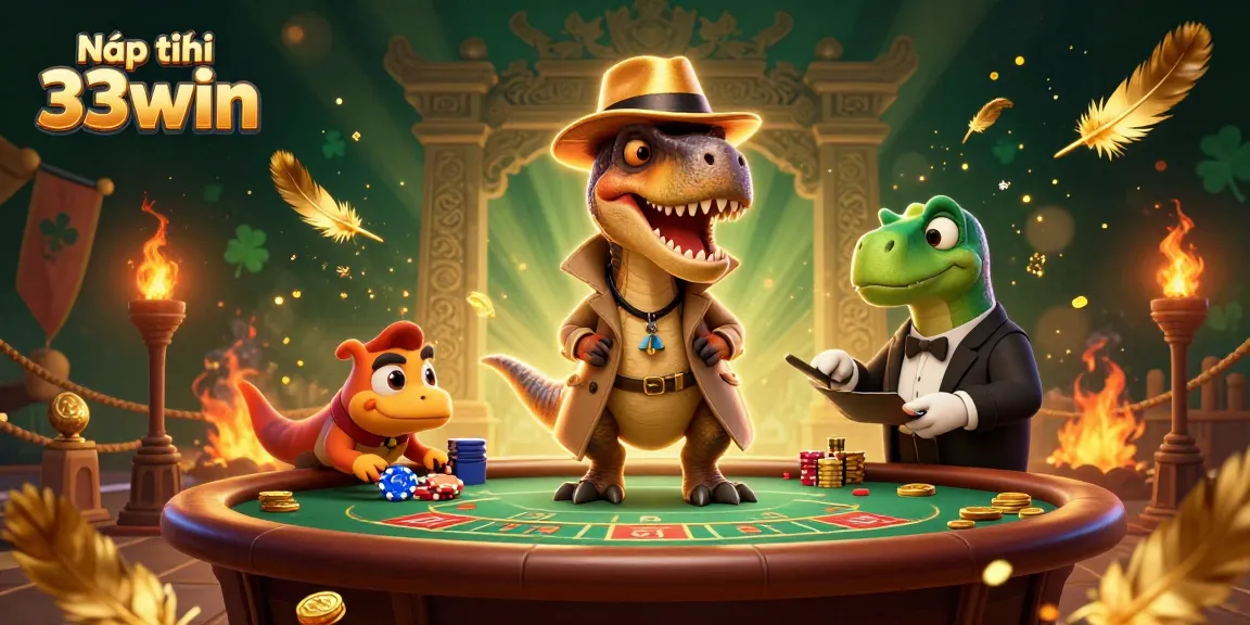 Engage in thrilling action at Nạp tiền 33win with a dynamic gambling illustration of characters at a blackjack table.