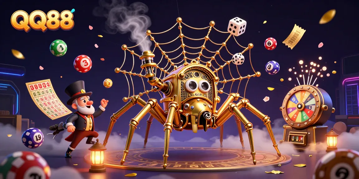 Engage with QQ88's vibrant online casino ambiance through colorful illustrations of winnings and excitement.