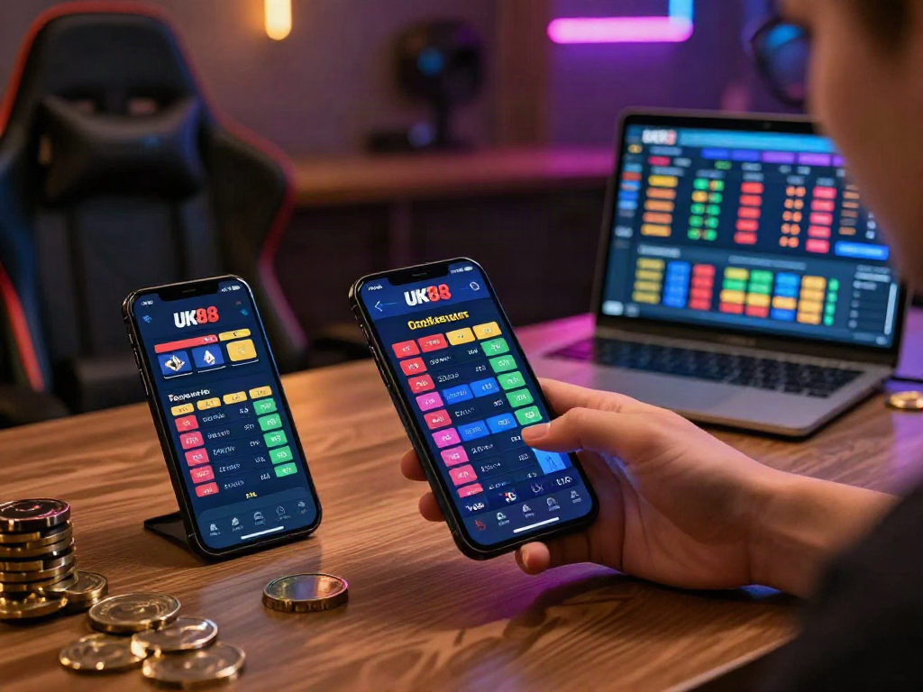 Enthusiastic player engaging with UK88 mobile betting app showcasing vibrant odds and statistics.