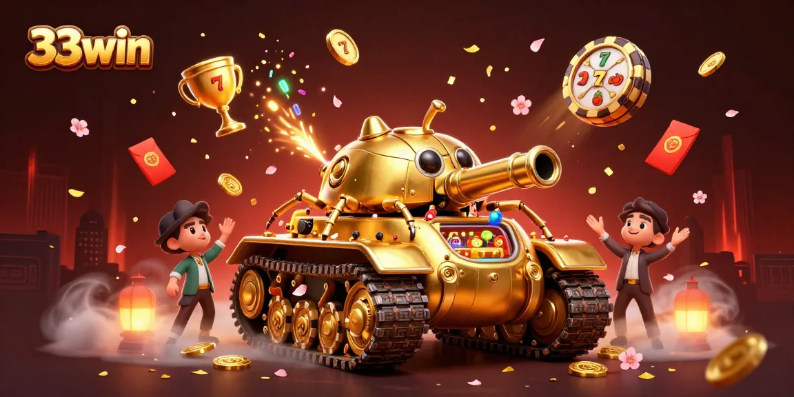 33win invites you to a lively casino experience with a golden beetle tank shooting confetti, showcasing vibrant gambling elements