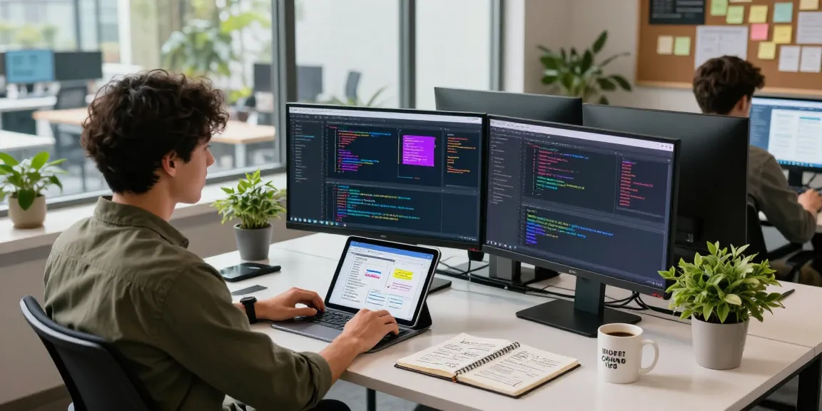 Build internal tools with AI in a collaborative tech workspace, showcasing a developer coding and engaging with team elements.