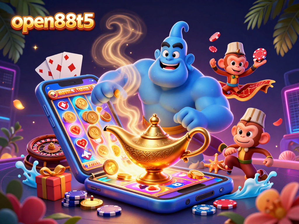 Engage with open88t5 through a dazzling 3D scene showcasing a genie, monkey, and casino elements.