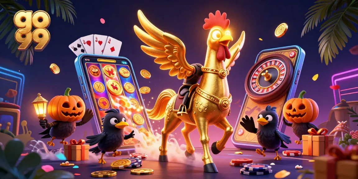 Spin the reels at go 99's vibrant casino scene featuring a golden rooster and mystical companions.