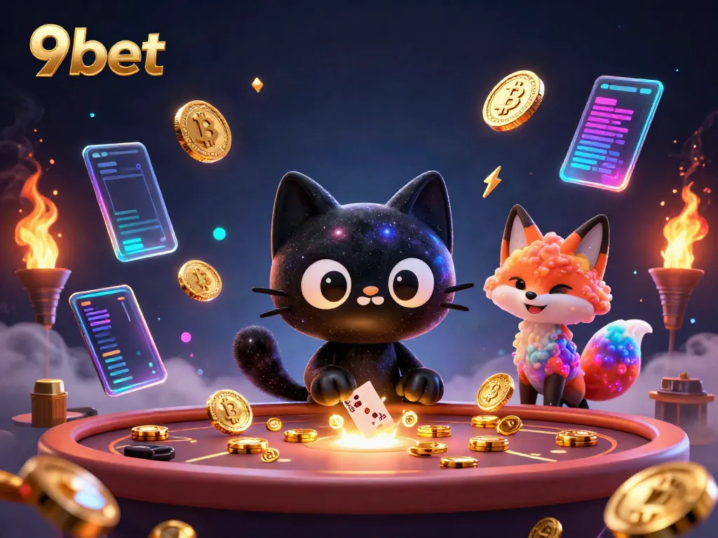 Engage with 9bet's vibrant cosmic casino scene featuring unique 3D characters and crypto elements.