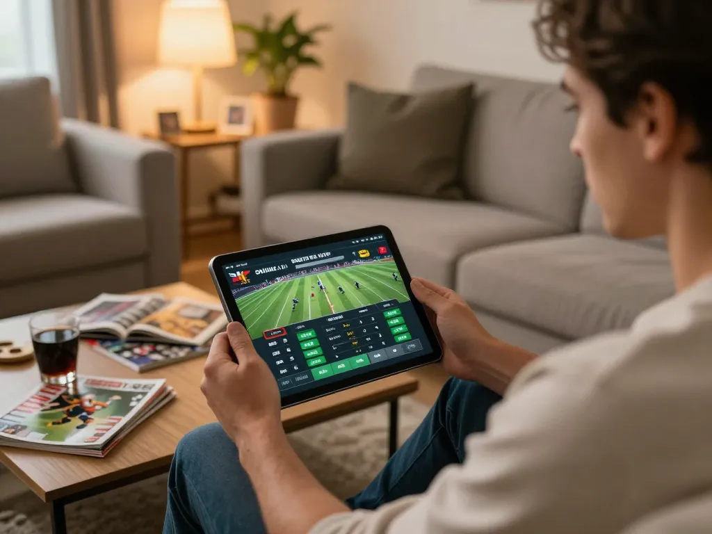 Engaged user analyzing sports odds on keo nha cai hom nay in a cozy living room.