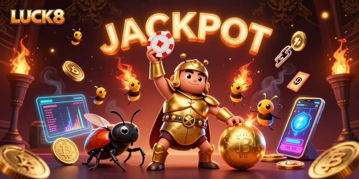 Join the excitement at LUCK 8 with a jackpot celebration featuring vibrant 3D characters.