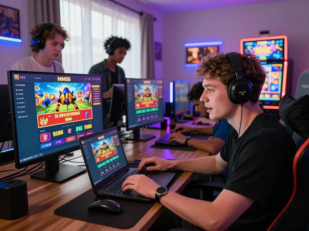 Players exploring MM88 gaming options at home with vibrant digital displays