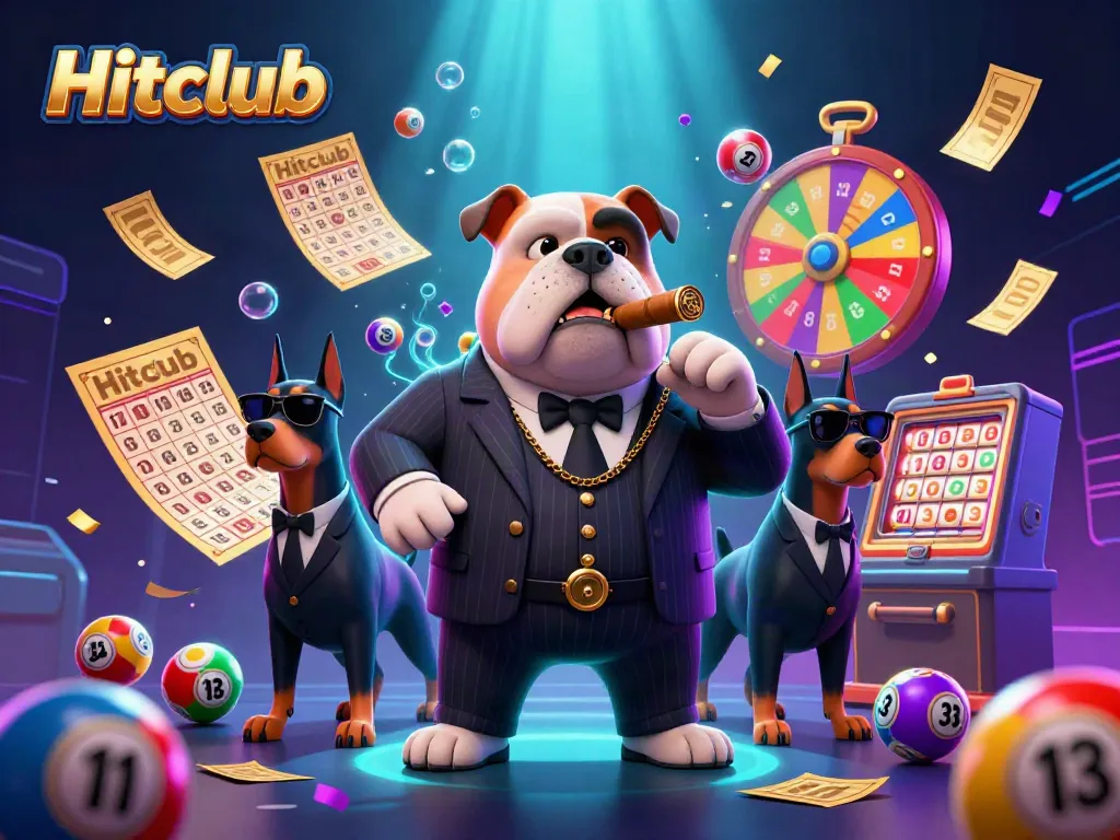 Experience Hitclub's thrilling atmosphere with a vibrant 3D casino scene brimming with lottery elements.