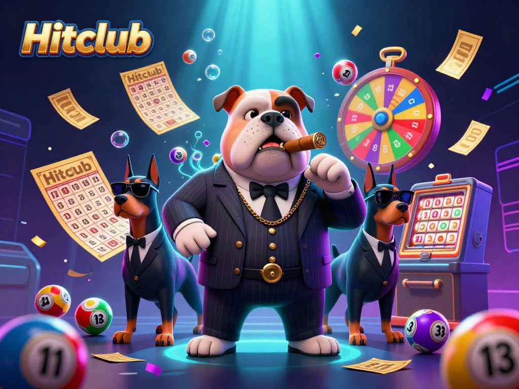 Experience Hitclub's thrilling atmosphere with a vibrant 3D casino scene brimming with lottery elements.