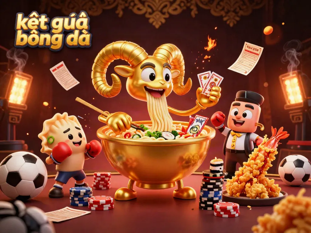 Engage with exciting kết quả bóng đá insights as a giant ramen bowl character stacks chips in a vibrant gambling scene.