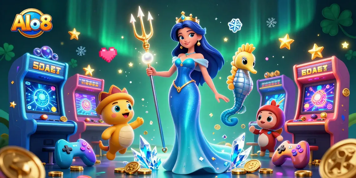 Alo8 showcases thrilling gameplay with a mesmerizing 3D woman and a seahorse king amidst floating treasures and colorful arcade elements.