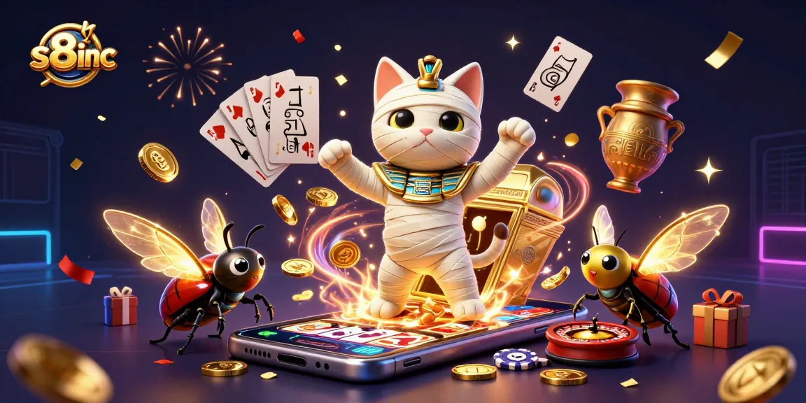 Experience thrilling gameplay at s8inc with a vibrant casino scene featuring a mummy cat and games.