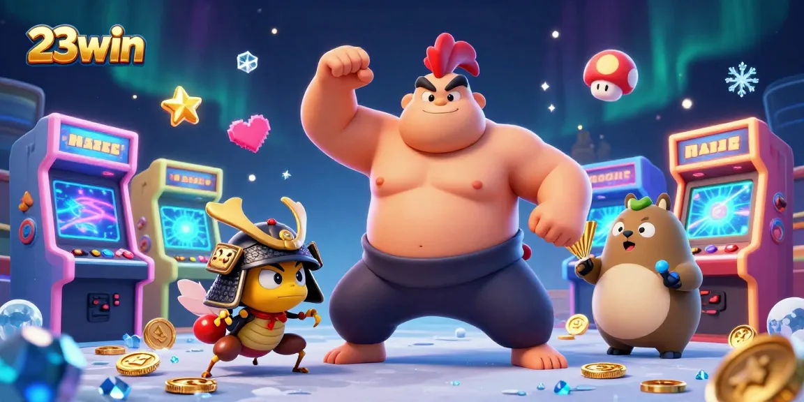 Engage with 23win's thrilling gaming experience showcasing a powerful rooster sumo wrestler and fierce cricket in a vibrant casino scene.
