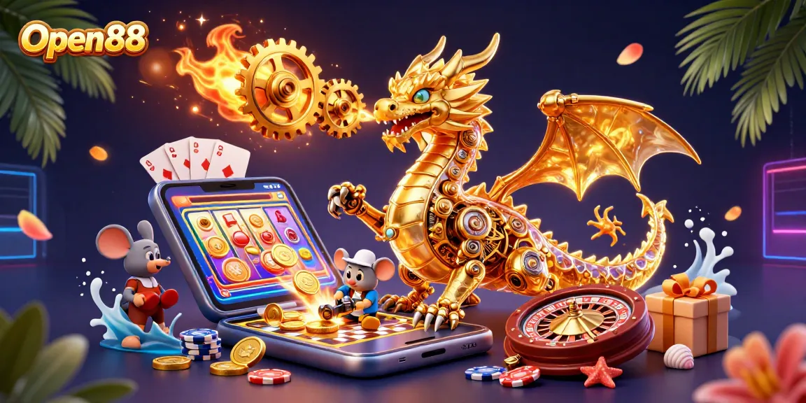 Engage in thrilling games at Open88, featuring the stunning biomechanical dragon breathing gears amidst vibrant casino elements.