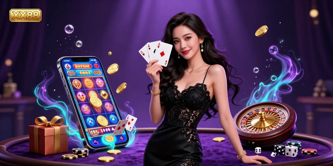 Experience thrills at XX88 with an elegant Asian woman showcasing her poker skills in a vibrant casino setting.