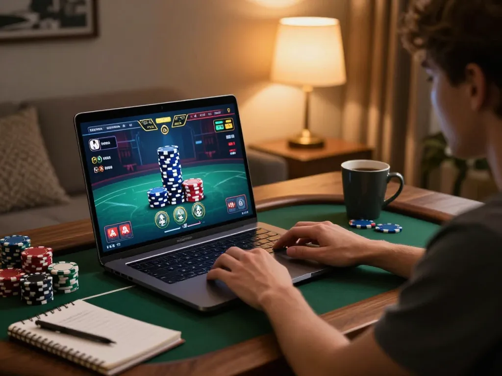 Engaging in online poker gameplay at xx88 on a stylish setup with strategic notes and illuminated desk.