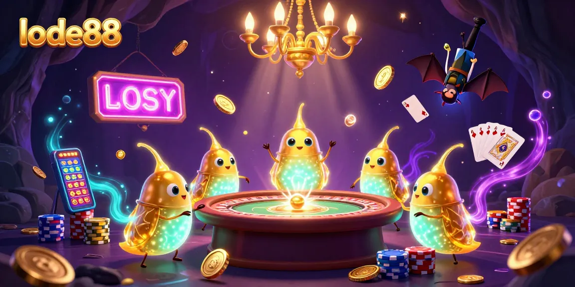 Lode88 casino scene showcasing glowworms lighting a vibrant cave casino with dynamic slot machines and games.