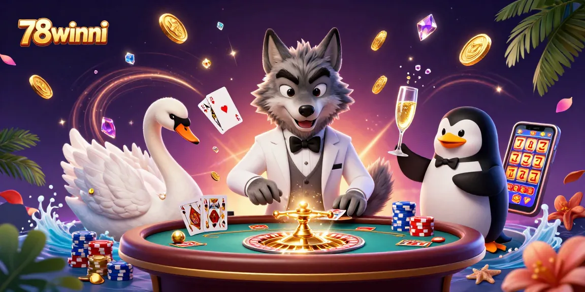 Experience the excitement of 78winni with a cartoon wolf at a baccarat table, vibrant casino scene.