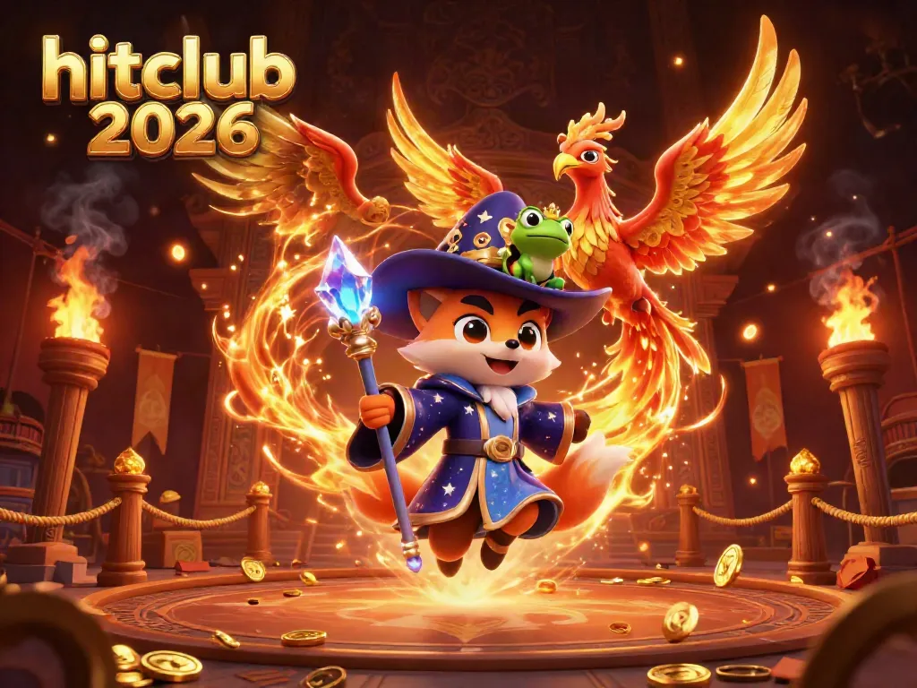 Engage with hitclub 2026 in this vibrant casino-themed illustration showcasing a mystical wizard, phoenix, and enchanting elements.