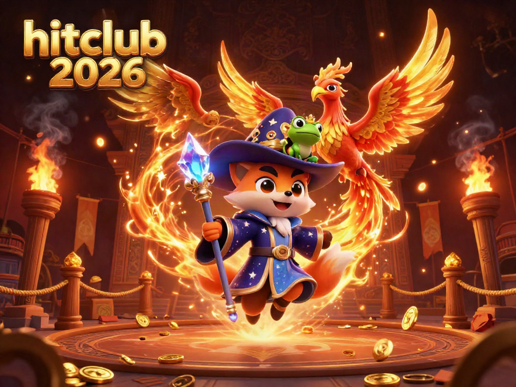 Engage with hitclub 2026 in this vibrant casino-themed illustration showcasing a mystical wizard, phoenix, and enchanting elements.