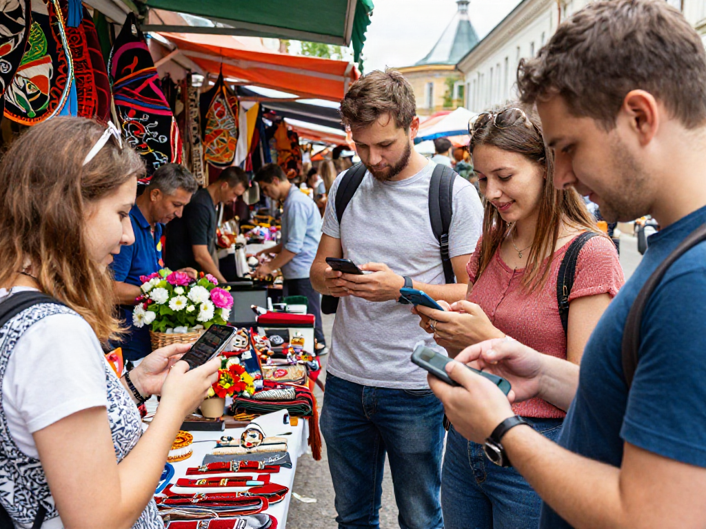 Exploradores en Rusia usando https://payinrussia.com/ para pagos, disfrutando de un mercado vibrante.