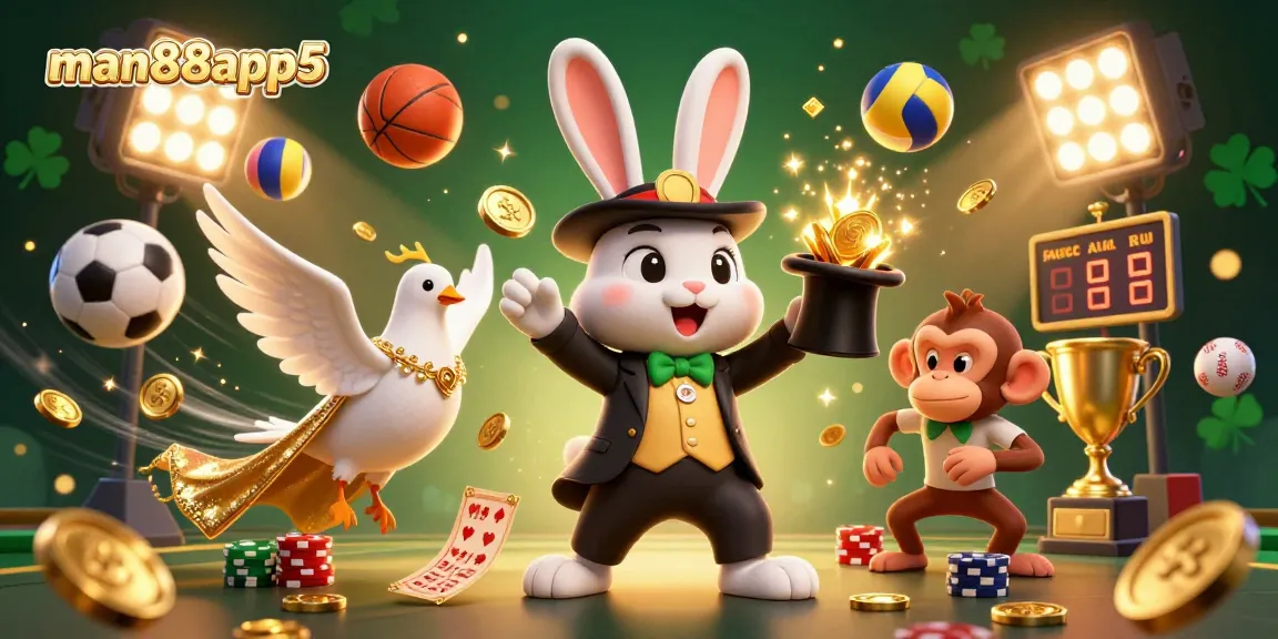 Experience the thrill of winning at man88app5 with a magical scene of poker chips and sports elements.