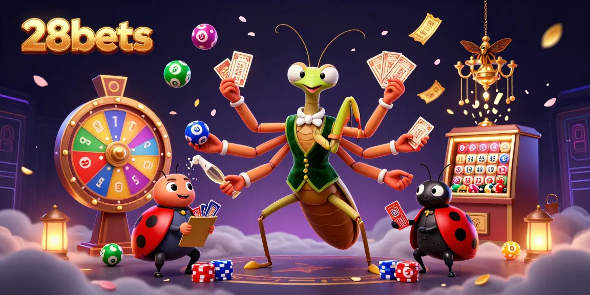 Engage with 28bets as the giant praying mantis deals cards, surrounded by vibrant casino elements.