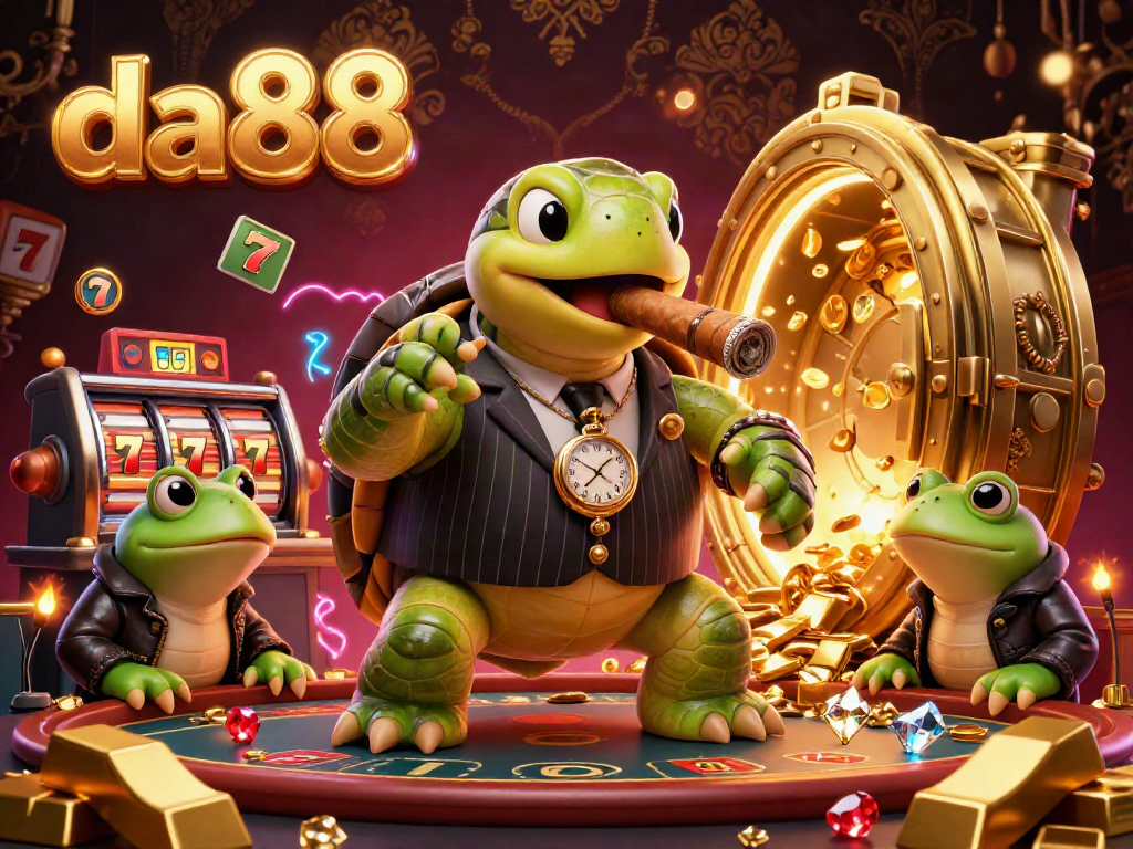 Engage in thrilling casino action at da88 with vibrant slot reels and a dynamic treasure scene.