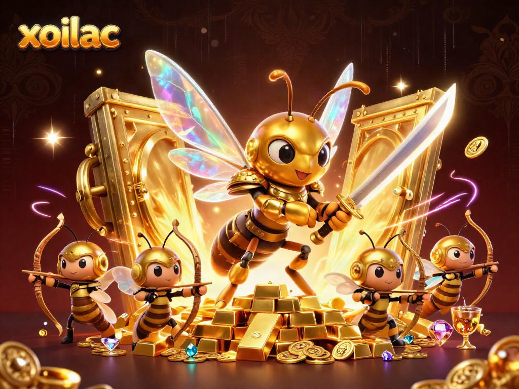 Xoilac showcases a vibrant 3D illustration of a golden hornet samurai amidst sparkling treasures, promoting online betting.