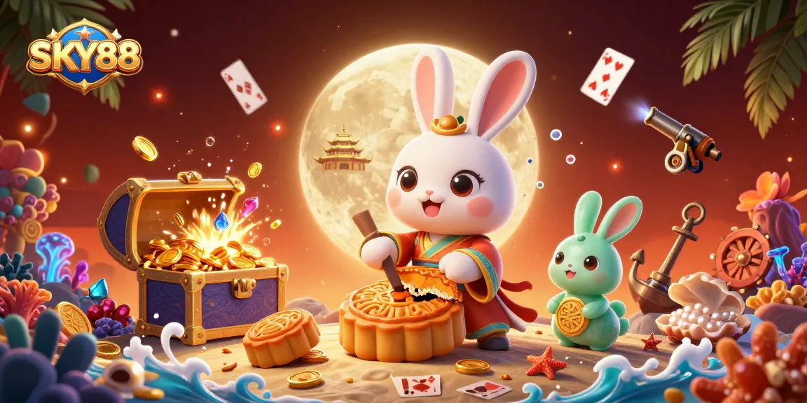 Engage in thrilling gameplay with SKY88 as a moon rabbit reveals poker chips hidden in mooncakes.
