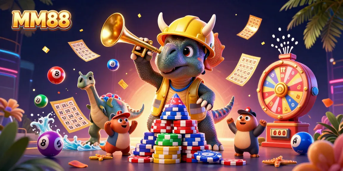 MM88 brings excitement as triceratops stacks poker chips, celebrating the winning moments!