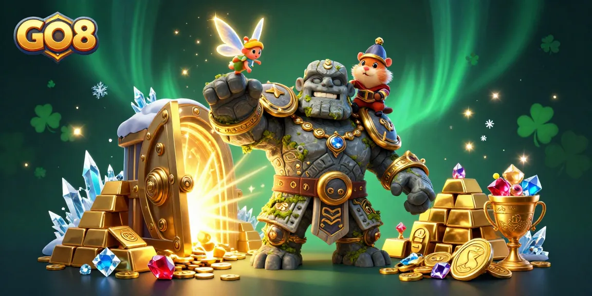 Experience winning with GO8 in a vibrant 3D casino illustration, featuring magical characters and treasure elements.