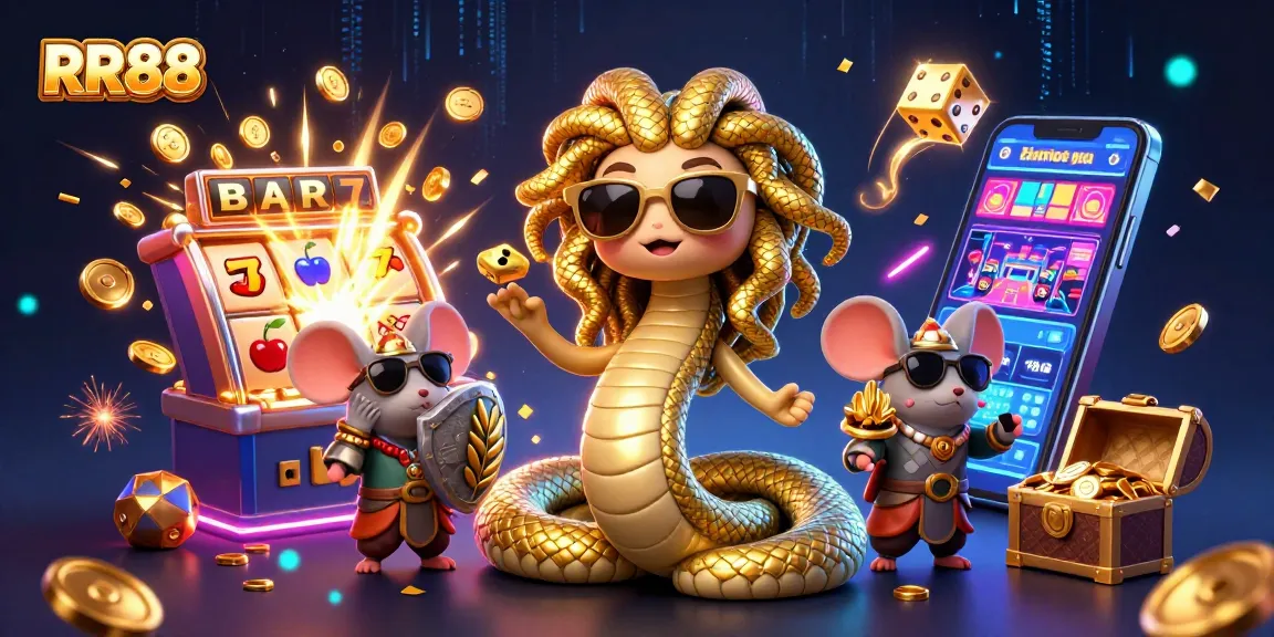Win at RR88 with a vibrant scene of Medusa and a warrior mouse, featuring exciting slot machines.